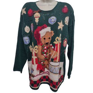 Vintage Carly St. Claire Teddy Bear Ugly Christmas Sweater Tunic Beaded sz L